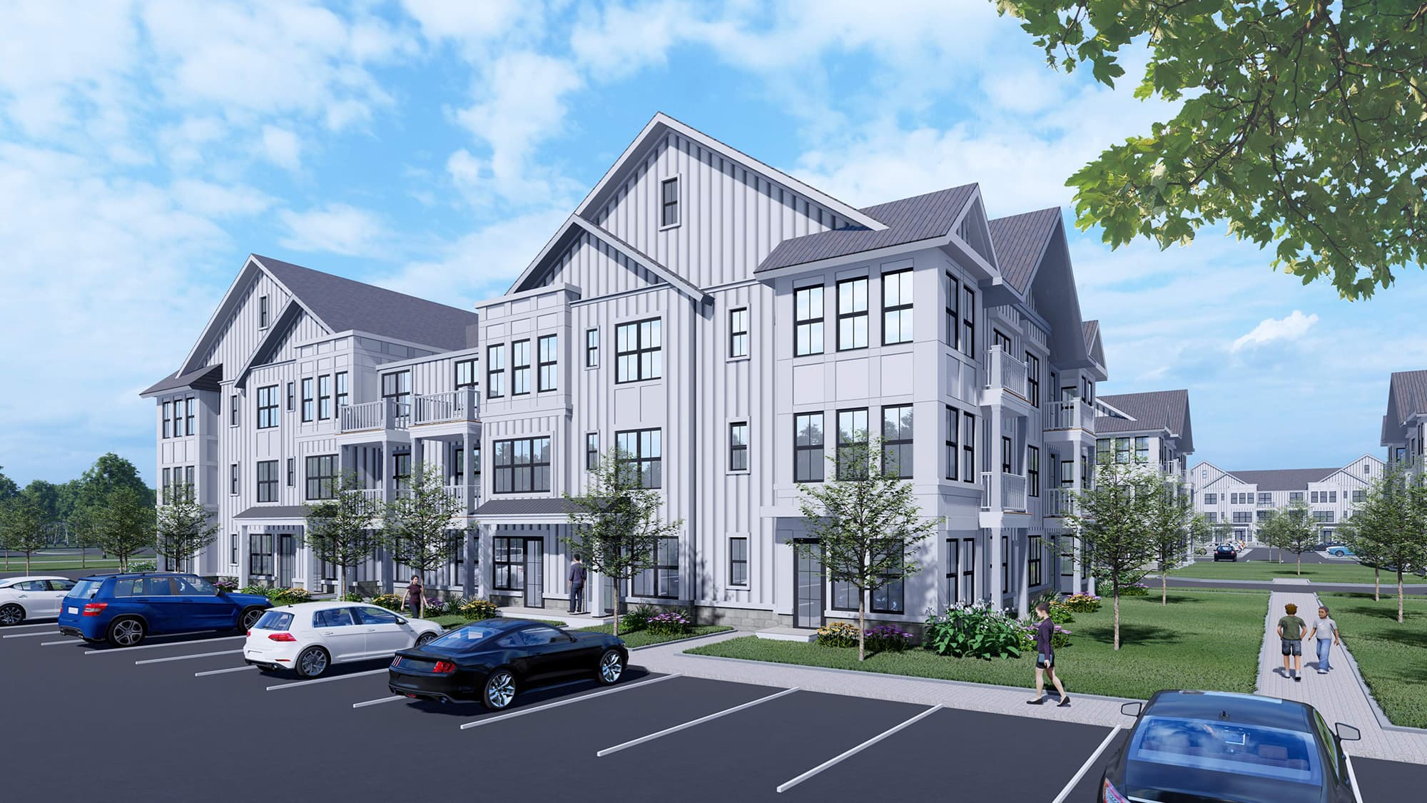 A luxury apartment building with [private balconies and a large parking area surrounded by trees has multiple cars and pedestrians.